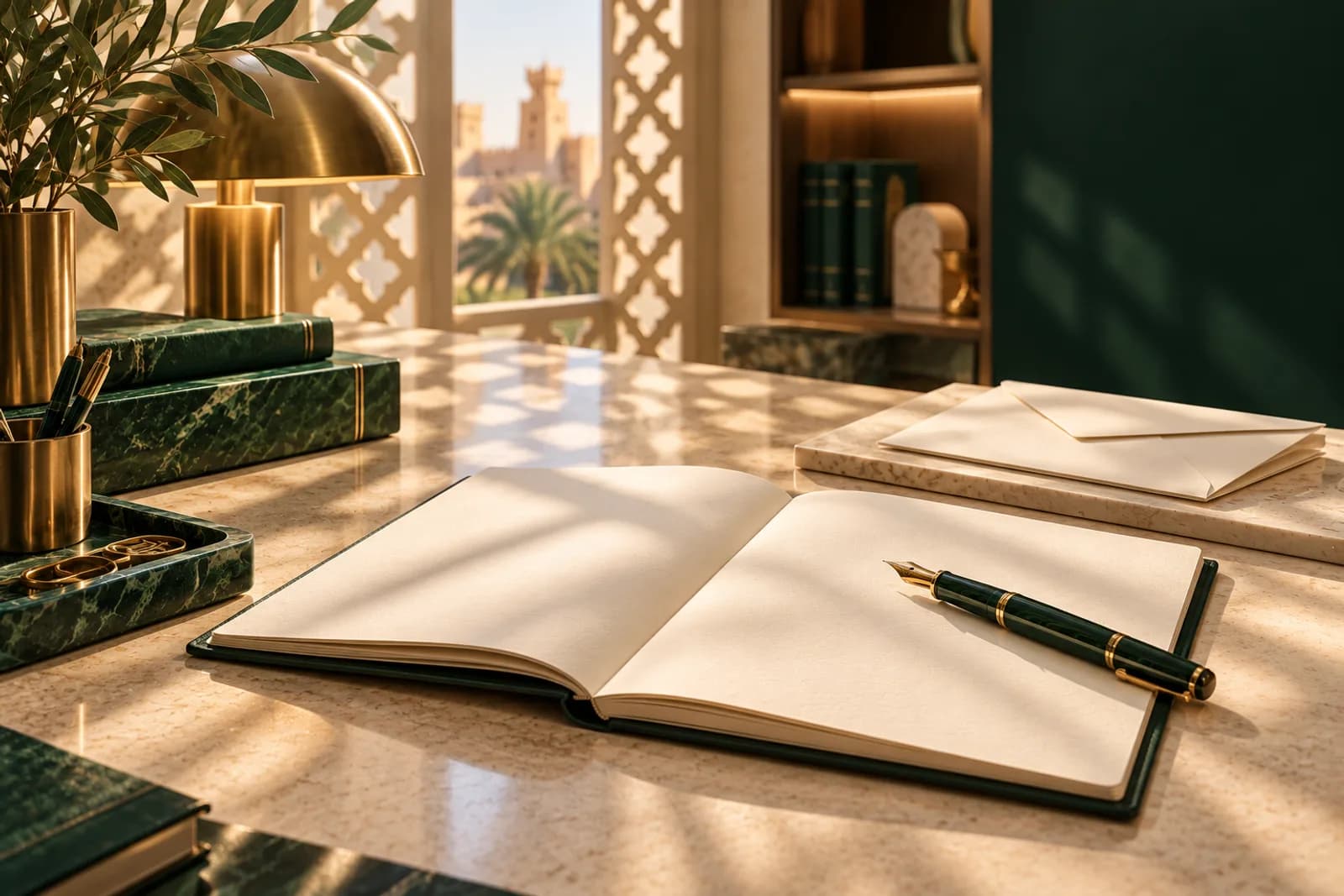 مكتب قراءة وصياغة، مع دفتر وكتب وقلم بهوية برقيتك