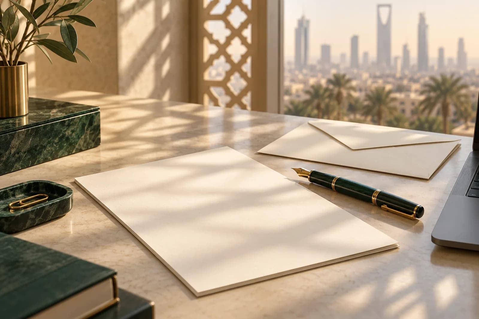 مكتب كتابة بألوان برقيتك، مع أوراق وقلم ومغلف وأفق الرياض